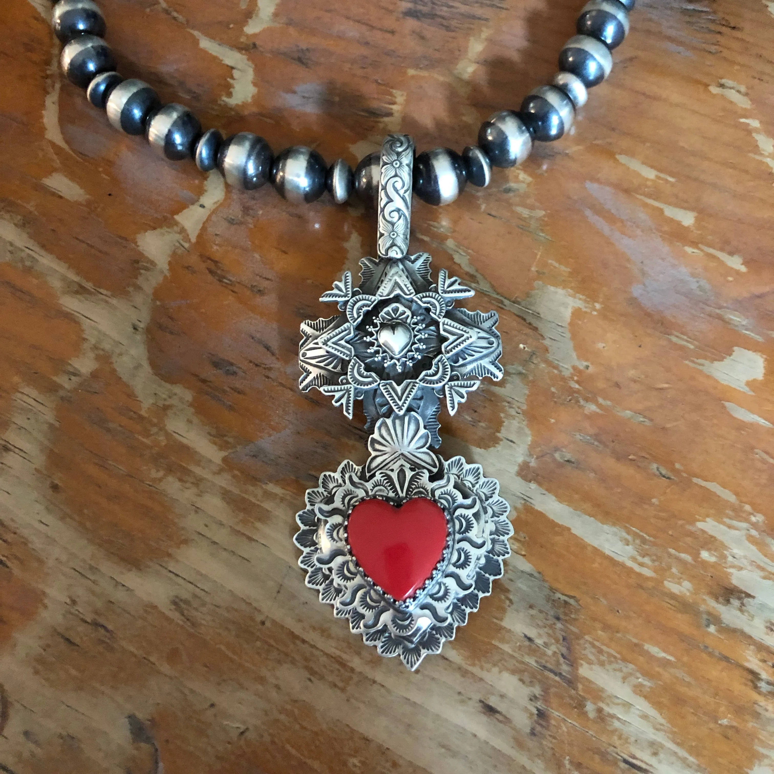 Multi Layer Cross Rosarita Heart Pendant