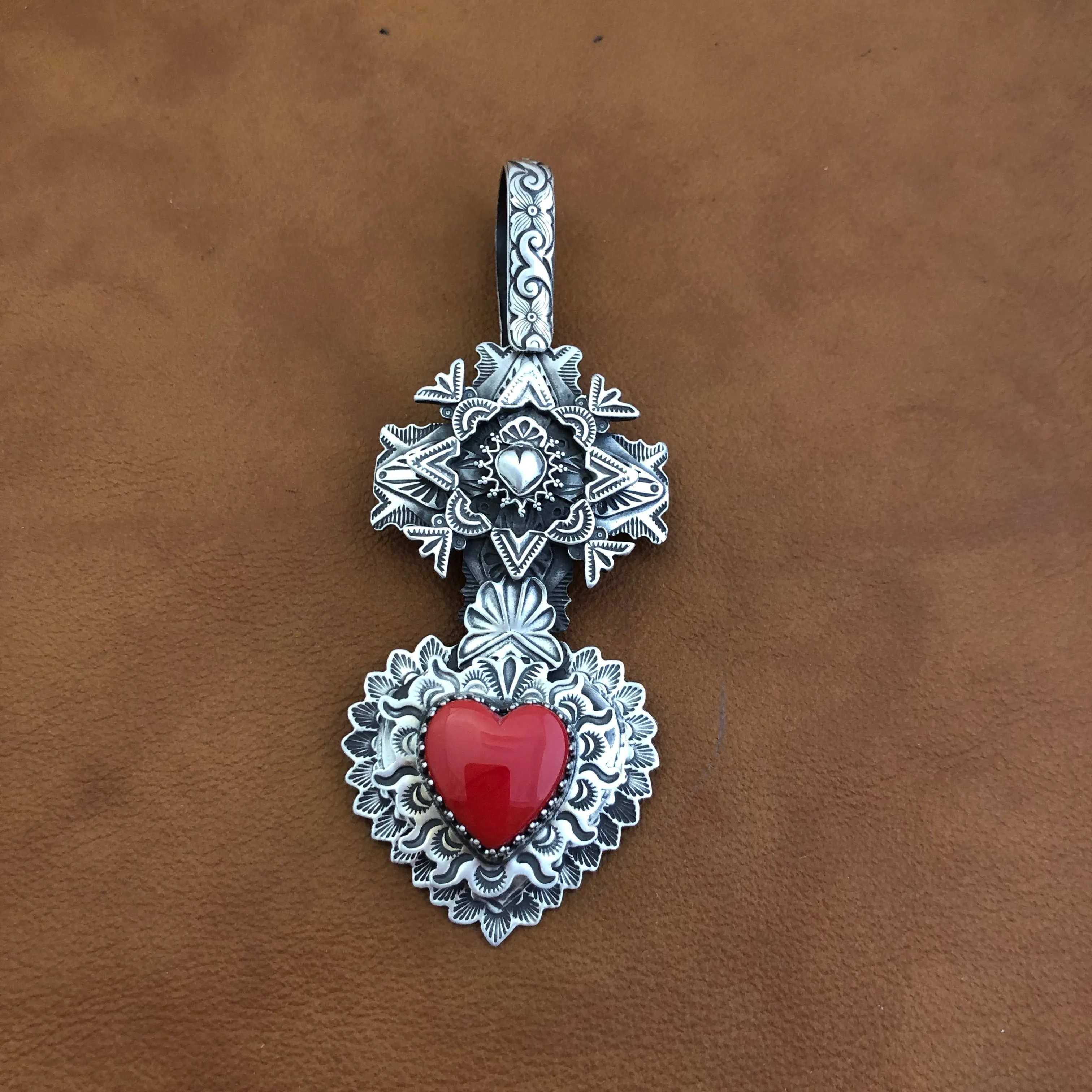 Multi Layer Cross Rosarita Heart Pendant