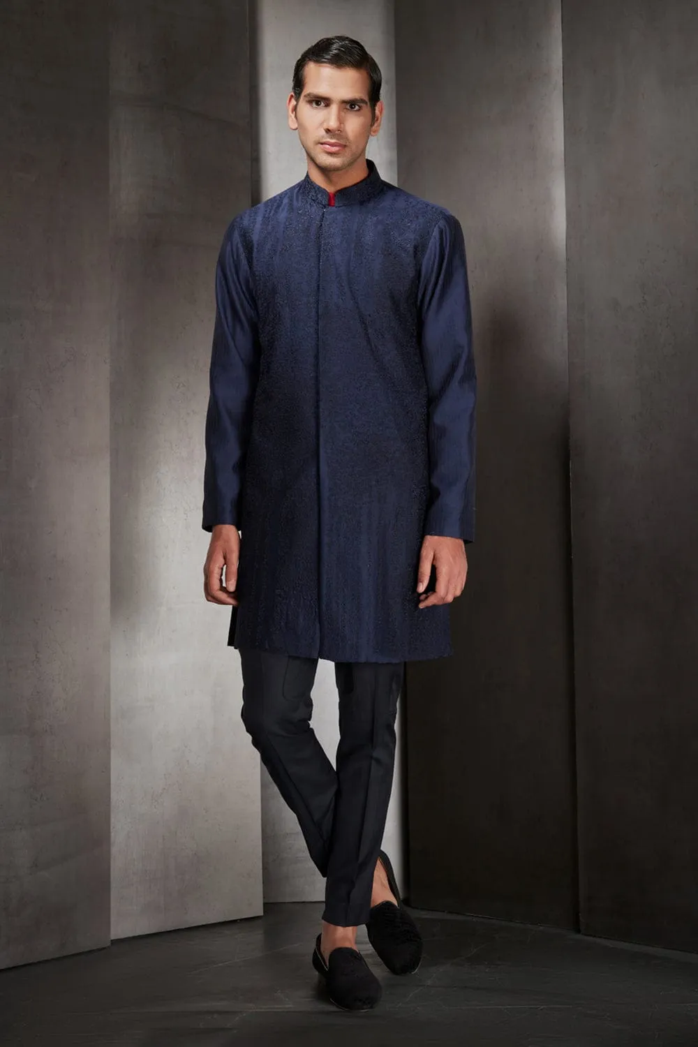 Navy Embroidered Silk Sherwani