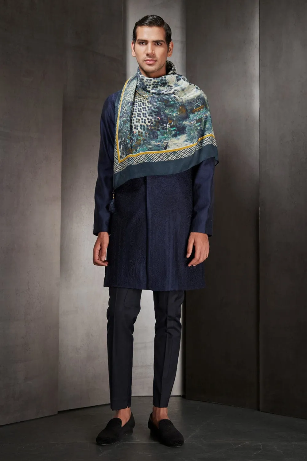 Navy Embroidered Silk Sherwani