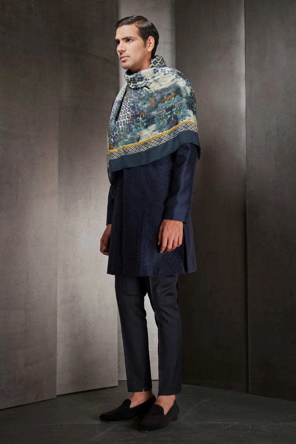 Navy Embroidered Silk Sherwani