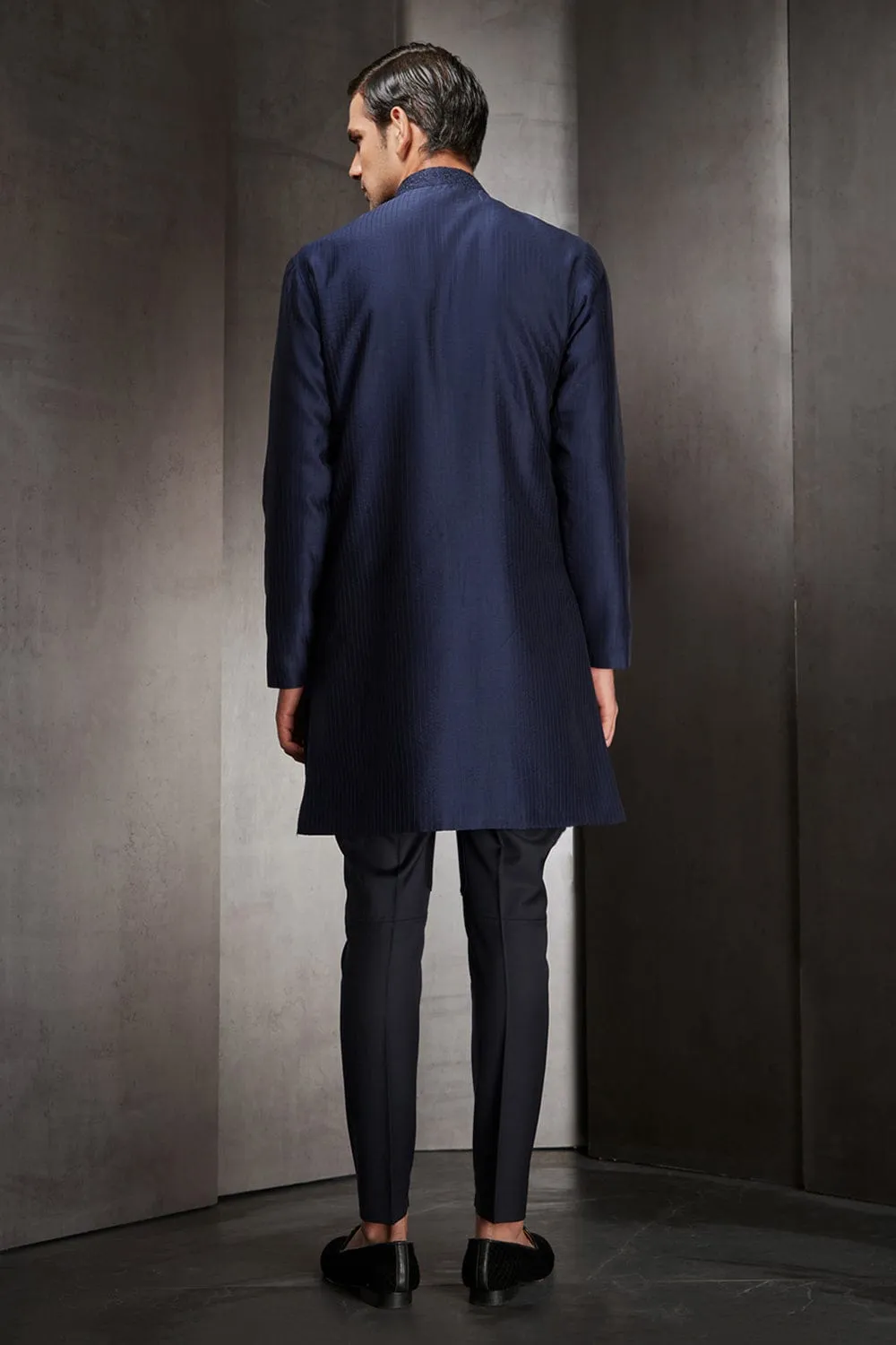 Navy Embroidered Silk Sherwani