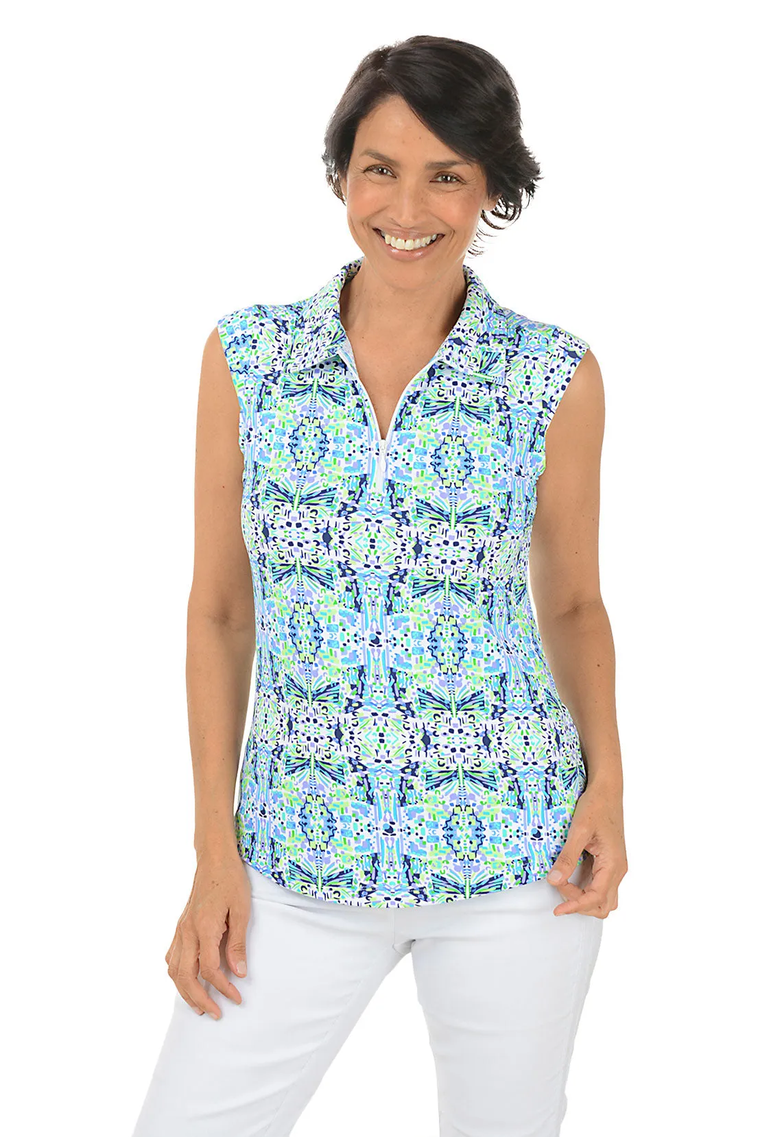 Navy Ridley Aztec Sleeveless UPF50  Polo Top