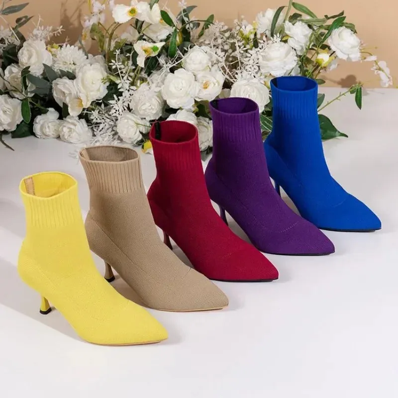 New Fashion Women's Ankle Boots Pointed High Heels Thin High Heels Soft Shoes Overboots Purple Black Red Comfortable Shoes