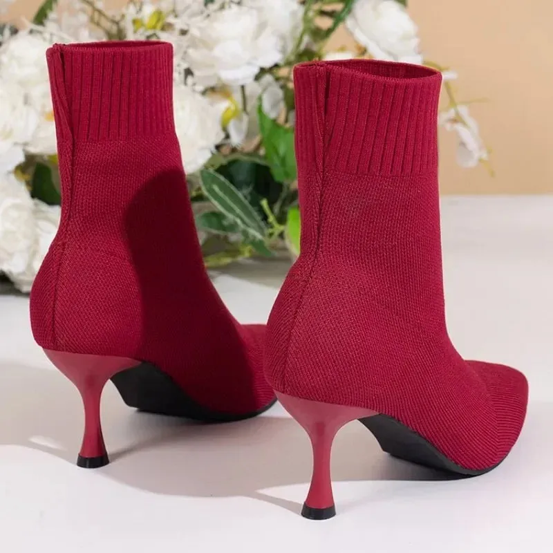 New Fashion Women's Ankle Boots Pointed High Heels Thin High Heels Soft Shoes Overboots Purple Black Red Comfortable Shoes
