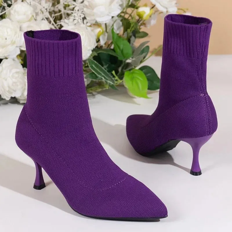 New Fashion Women's Ankle Boots Pointed High Heels Thin High Heels Soft Shoes Overboots Purple Black Red Comfortable Shoes