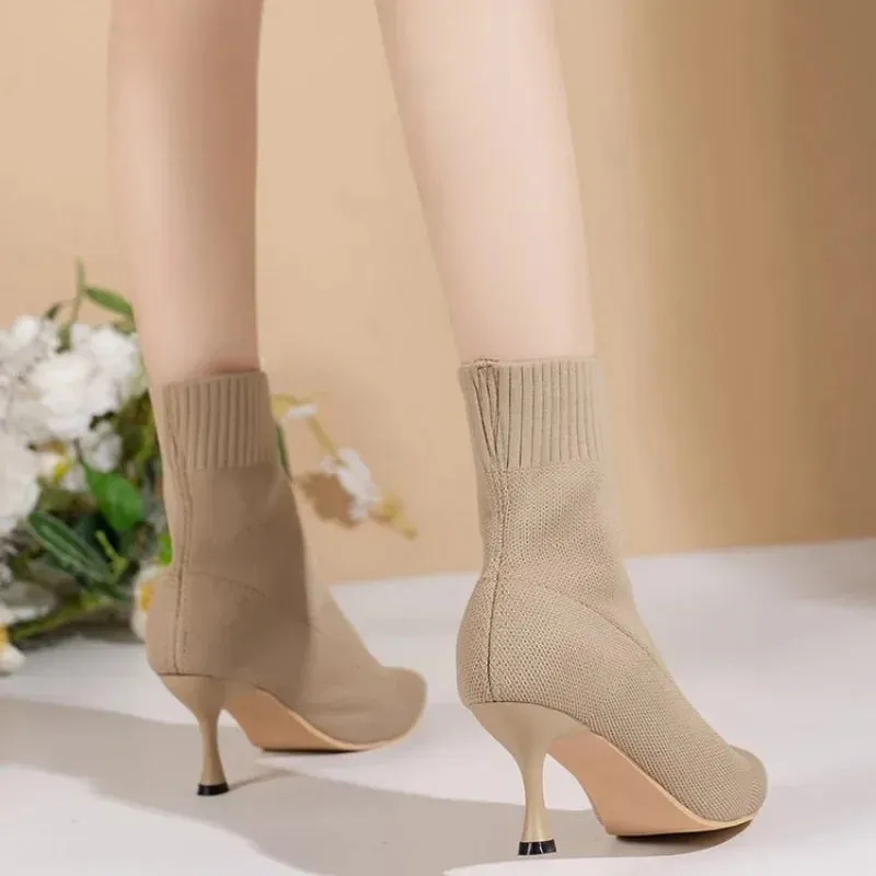 New Fashion Women's Ankle Boots Pointed High Heels Thin High Heels Soft Shoes Overboots Purple Black Red Comfortable Shoes