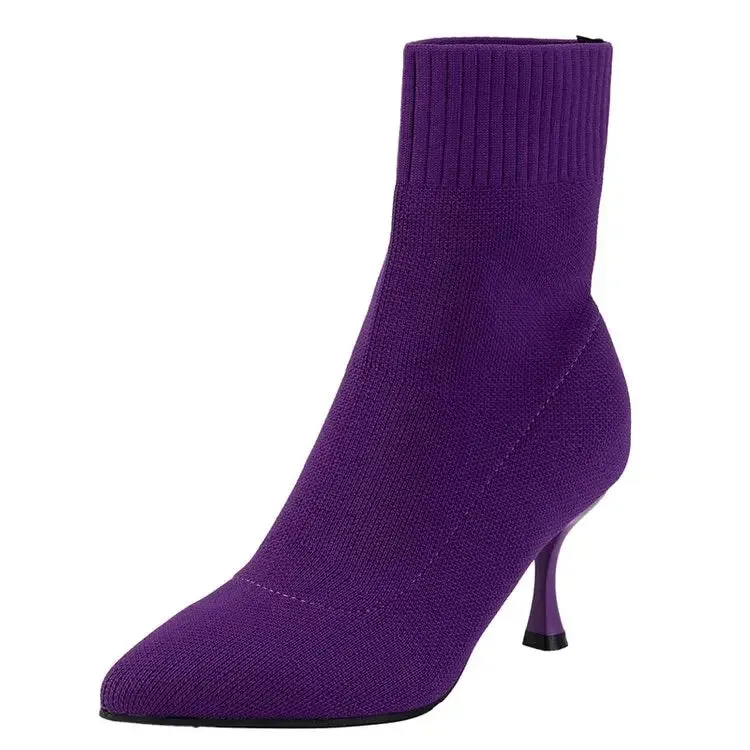 New Fashion Women's Ankle Boots Pointed High Heels Thin High Heels Soft Shoes Overboots Purple Black Red Comfortable Shoes