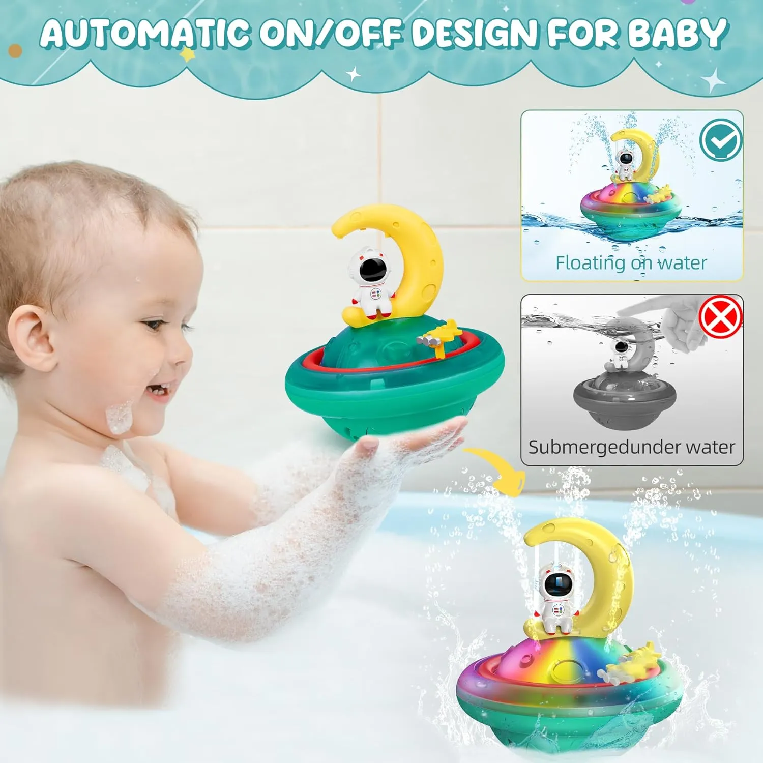 New in box! Astronaut Moon Baby Bath Toys for Toddlers, Spray Water Toy Rotation Baby Light up Bath Toys, Automatic Induction Sprinkler Shower Toys with LED, Ages 1 & Up