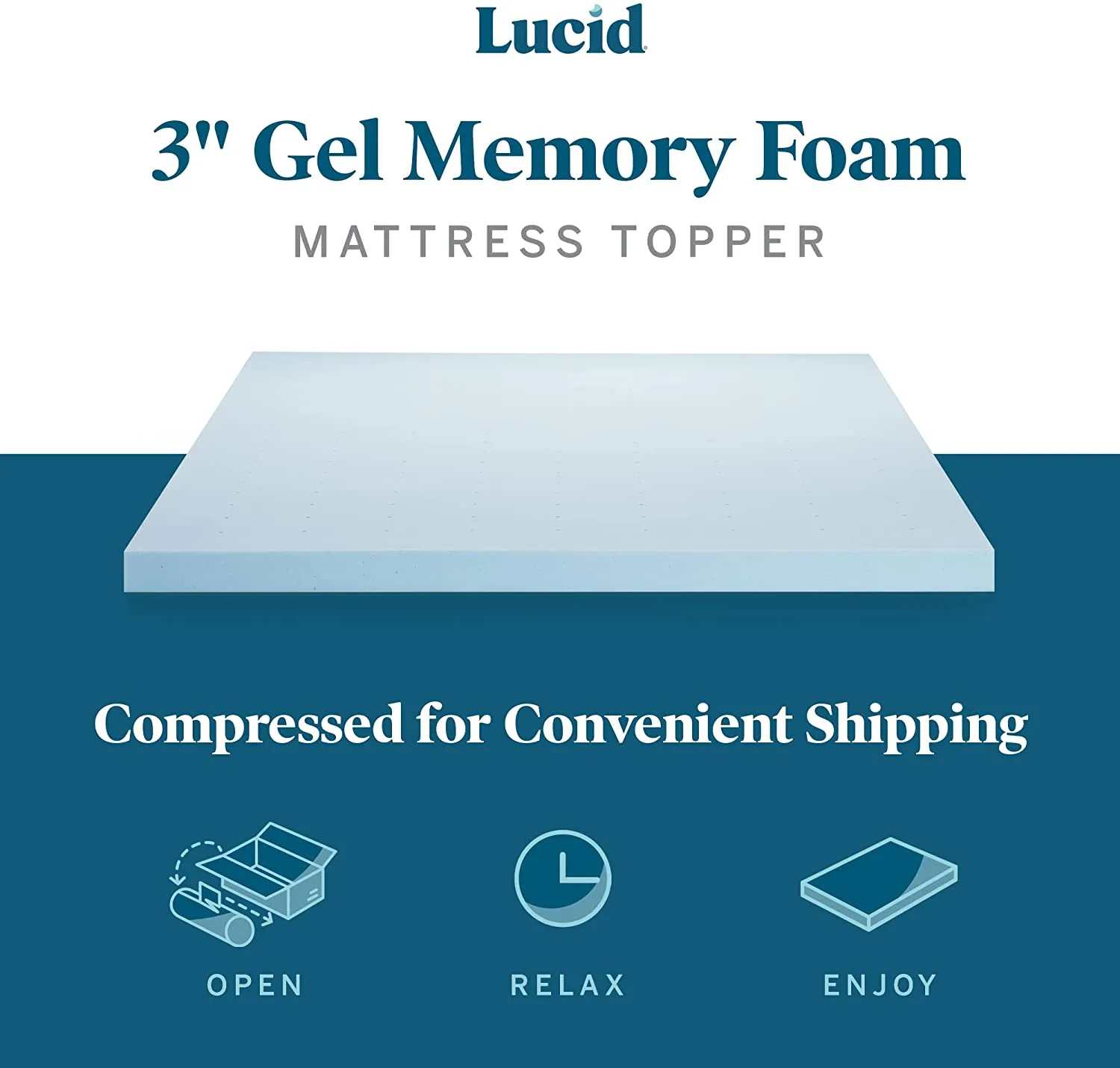 New LUCID 3 Inch Gel Memory Foam Mattress Topper-Ventilated Design-Ultra Plush-King, comes compressed in box for easy transport!