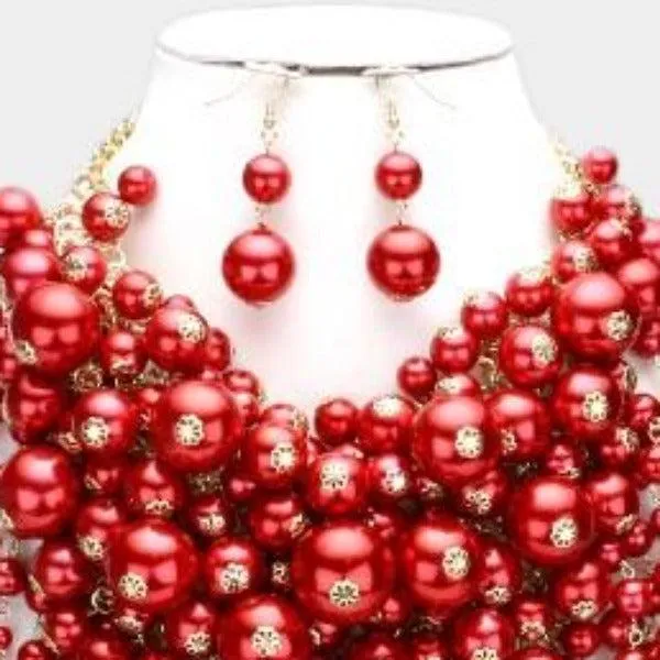Pearl Strand Red Fringe Bib Necklace & Earrings