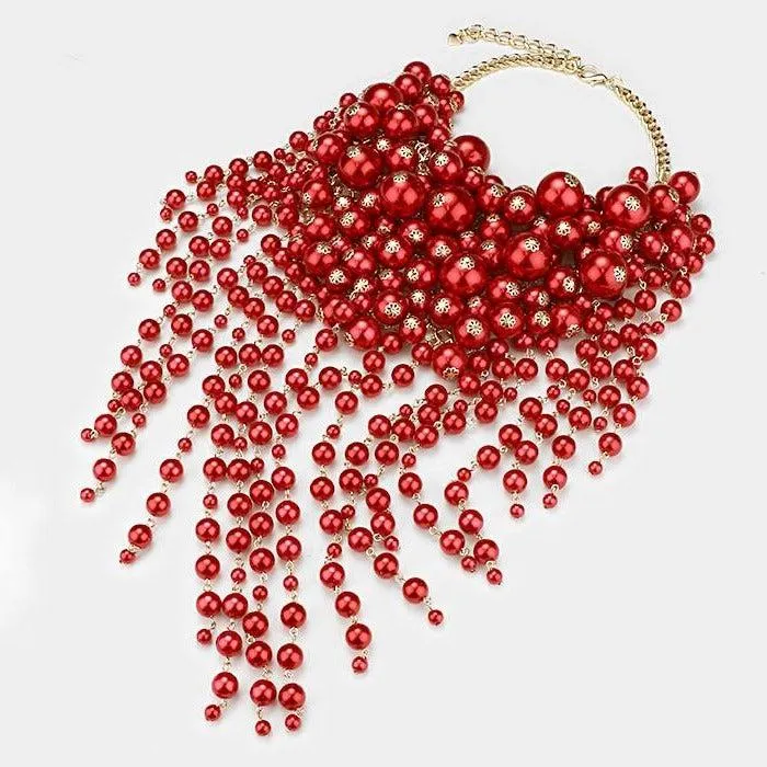 Pearl Strand Red Fringe Bib Necklace & Earrings