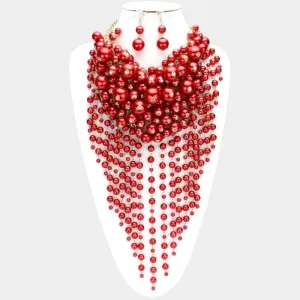 Pearl Strand Red Fringe Bib Necklace & Earrings
