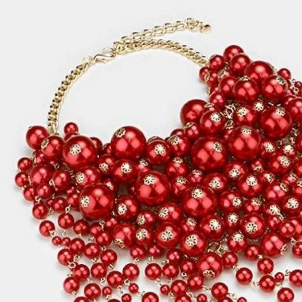 Pearl Strand Red Fringe Bib Necklace & Earrings