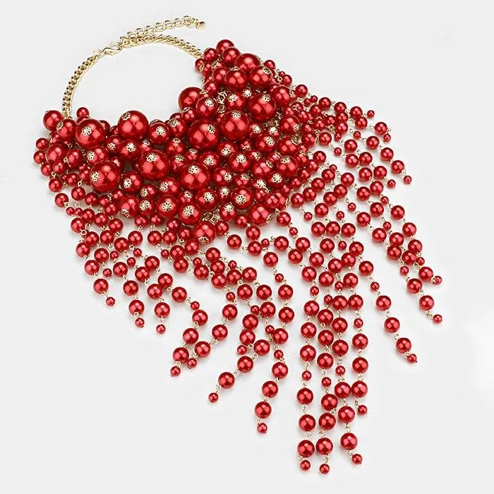 Pearl Strand Red Fringe Bib Necklace & Earrings