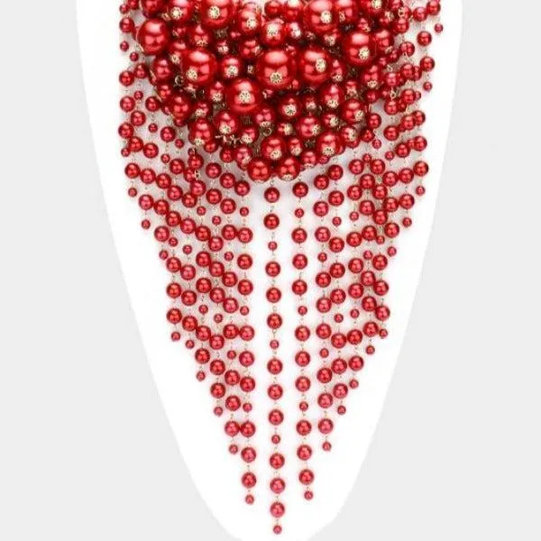 Pearl Strand Red Fringe Bib Necklace & Earrings