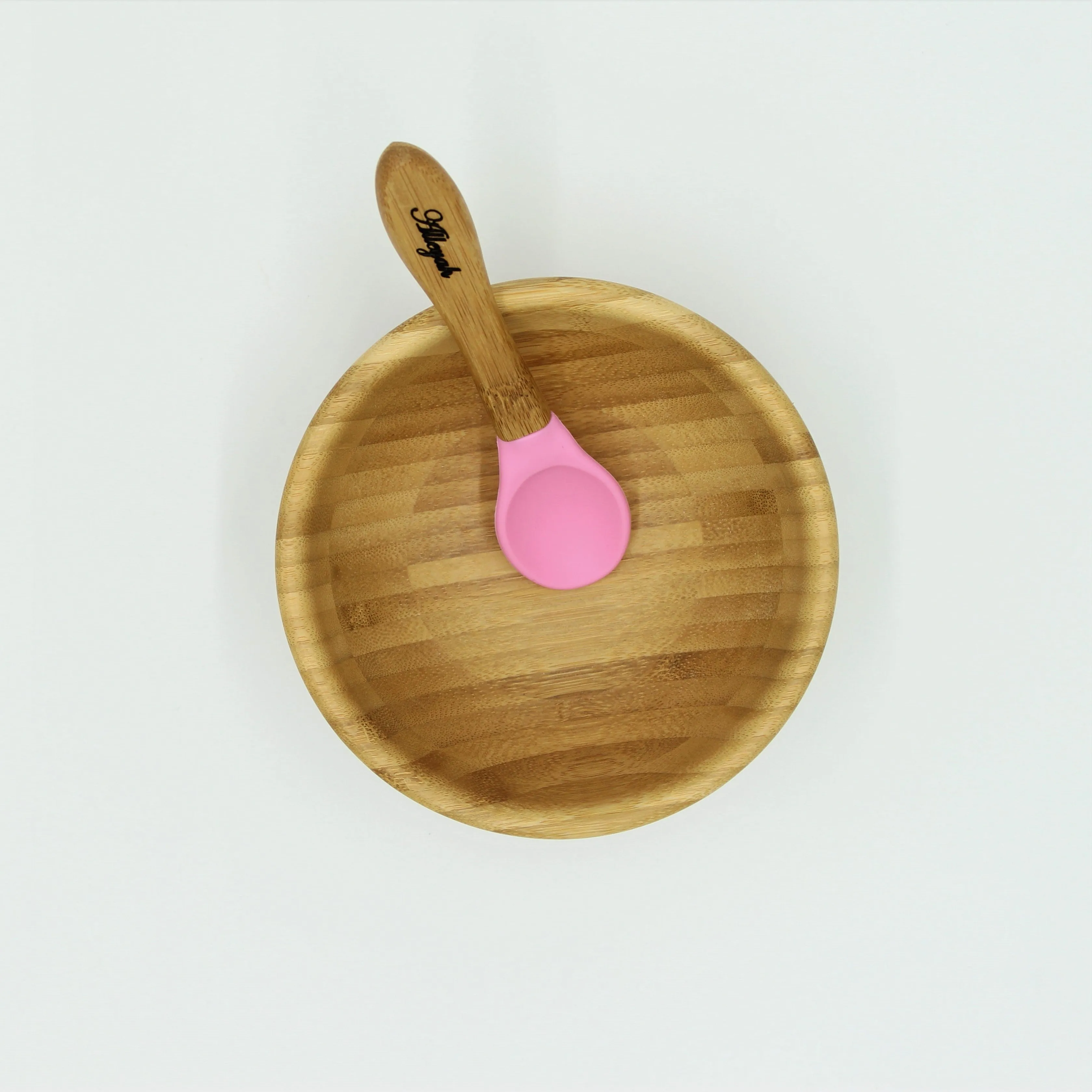 Personalised Wooden Tiny Dining  Bamboo Bowl with suction cup and Spoon - Pink - By Babba Box