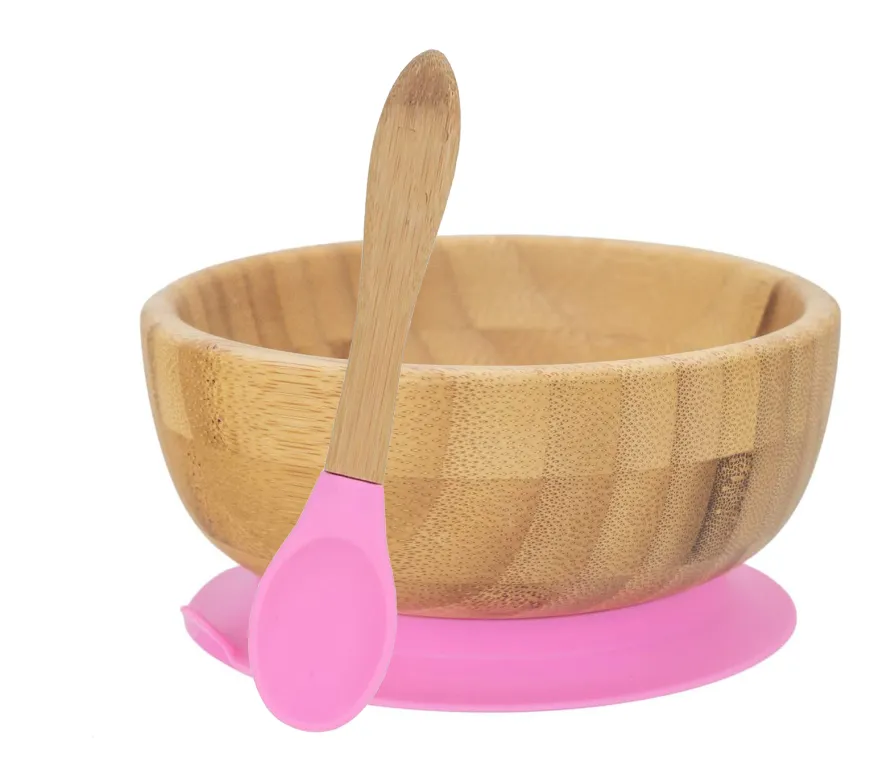 Personalised Wooden Tiny Dining  Bamboo Bowl with suction cup and Spoon - Pink - By Babba Box