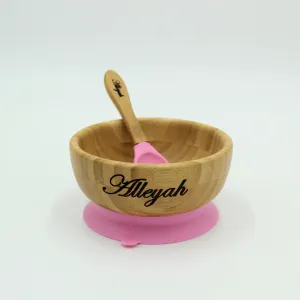 Personalised Wooden Tiny Dining  Bamboo Bowl with suction cup and Spoon - Pink - By Babba Box