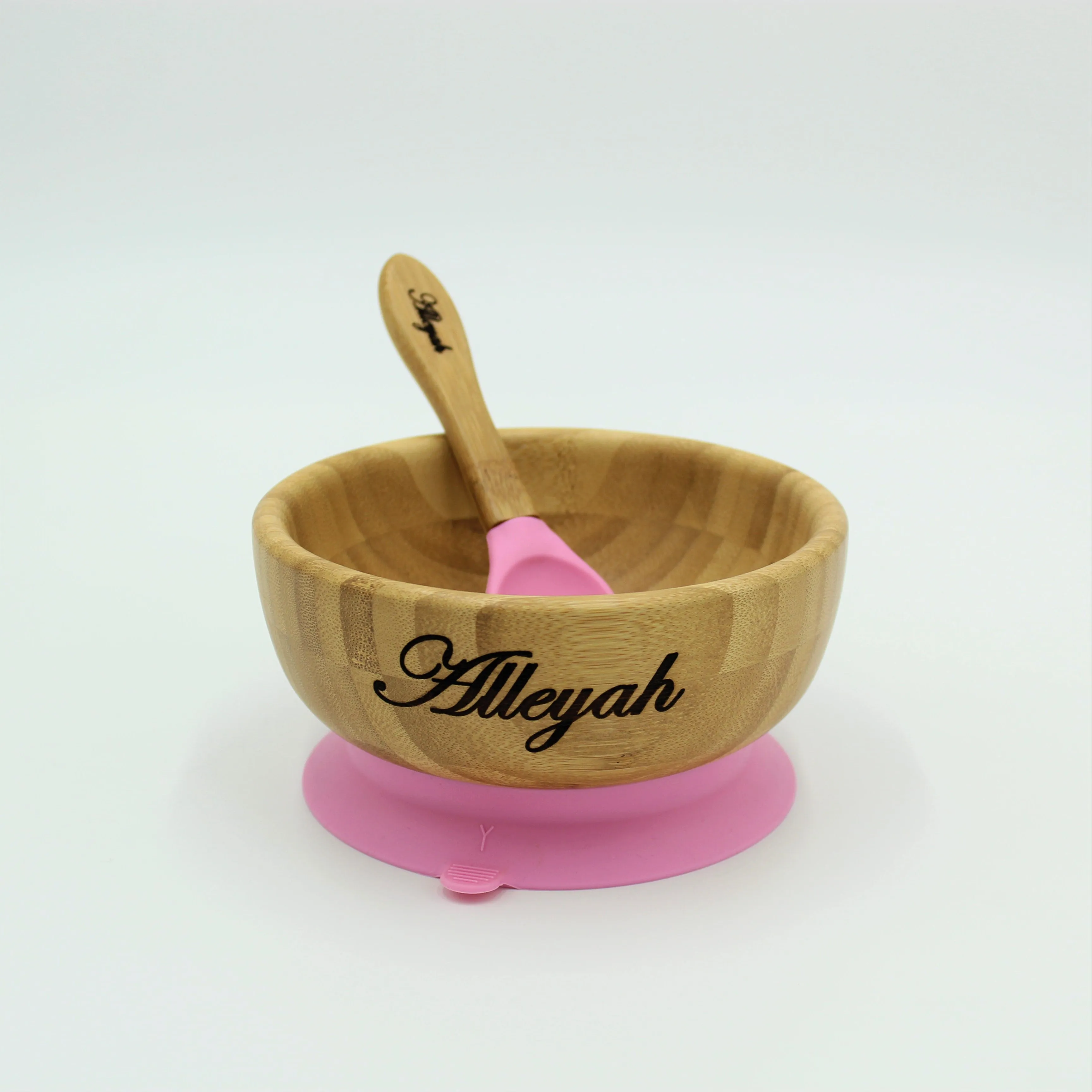 Personalised Wooden Tiny Dining  Bamboo Bowl with suction cup and Spoon - Pink - By Babba Box