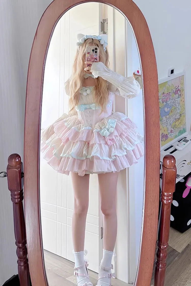 Pink Multi-layer Ruffle Bowknot Sweet Princess Lolita Tiered Dress