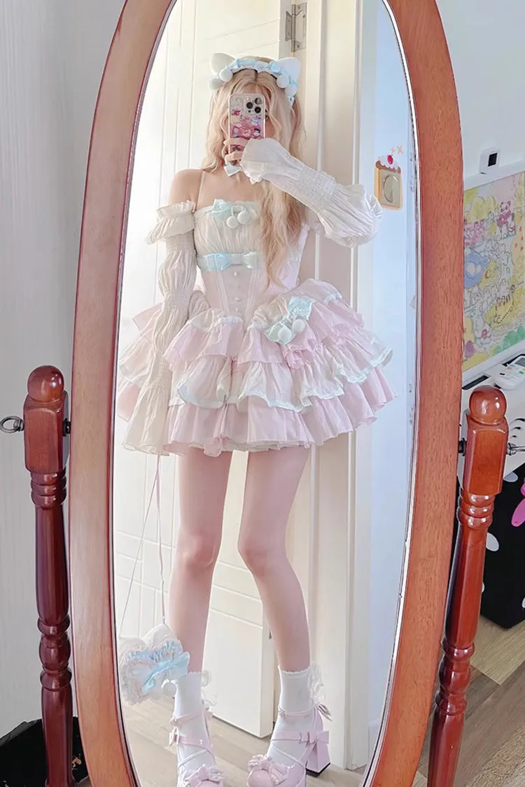 Pink Multi-layer Ruffle Bowknot Sweet Princess Lolita Tiered Dress
