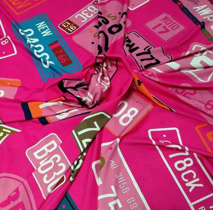 Pink Number Plate Pattern Fabric - Decorative Textile for Crafts