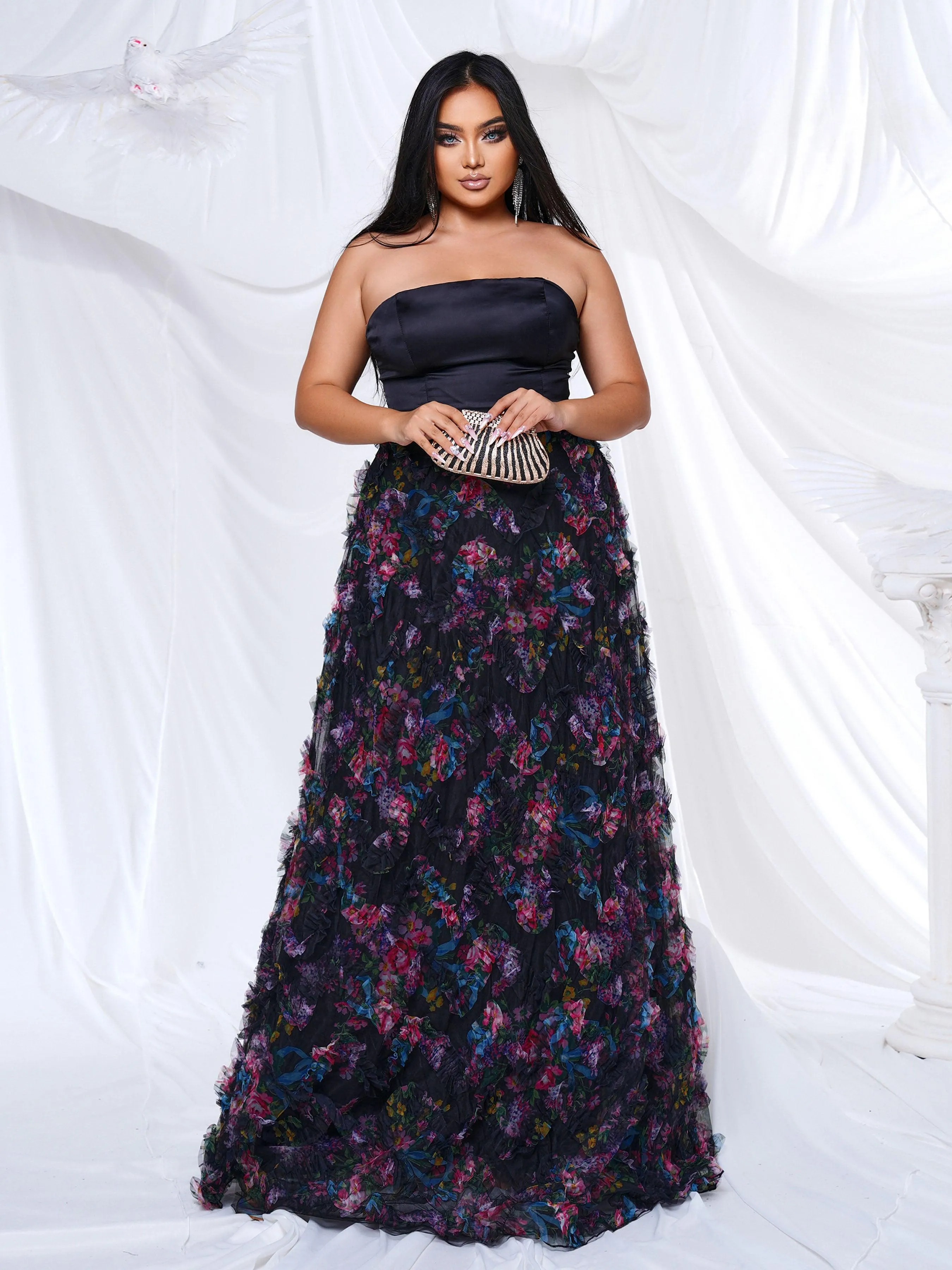 Plus Strapless Sleeveless Floral Tulle Dress PRH30943