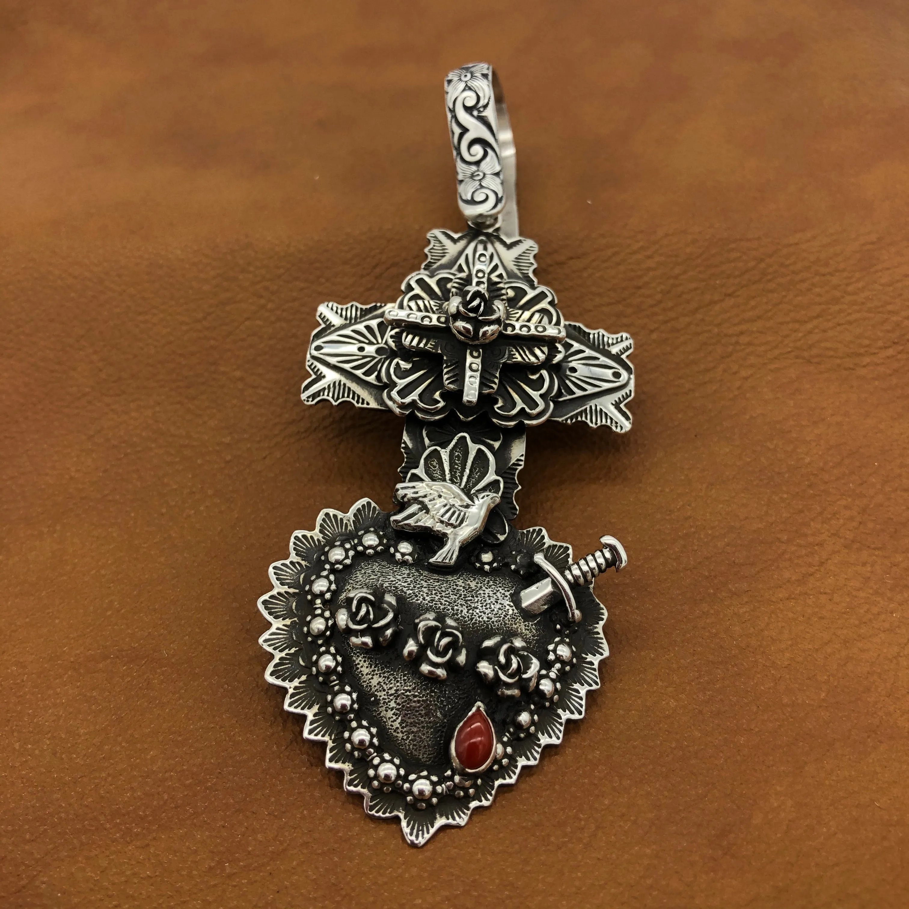 PTH57 Multi Layer Cross Heart with Sword Pendant
