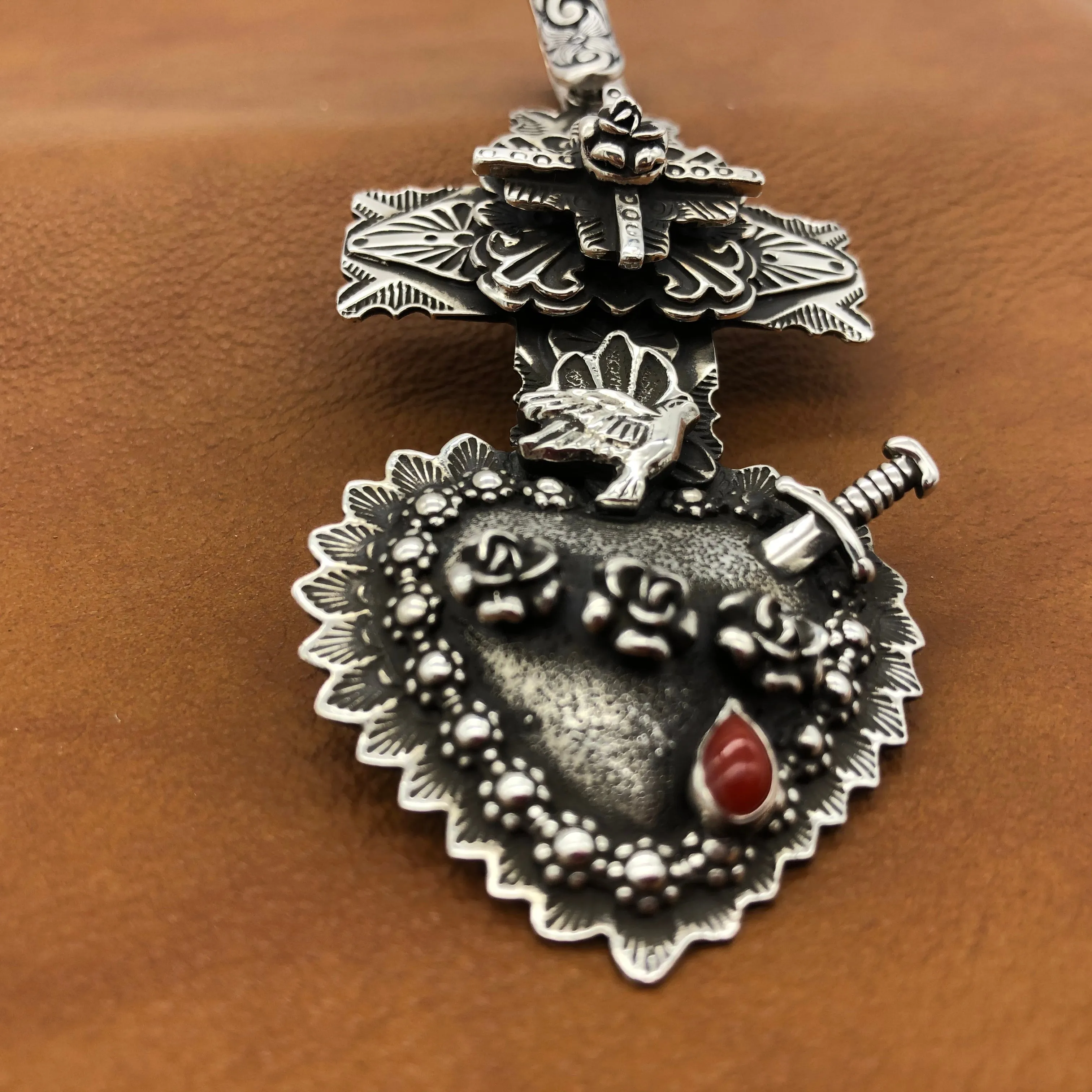PTH57 Multi Layer Cross Heart with Sword Pendant