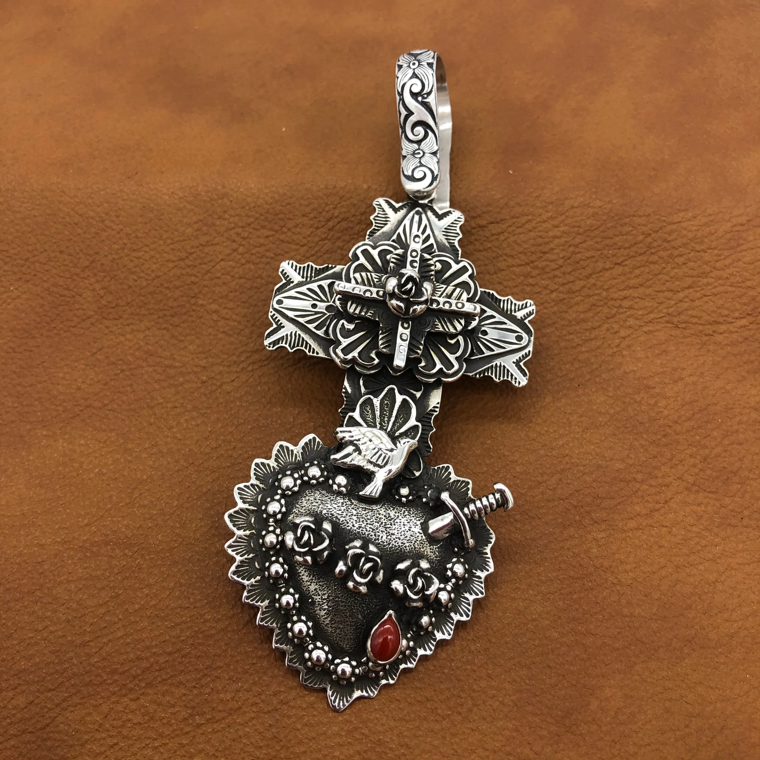 PTH57 Multi Layer Cross Heart with Sword Pendant