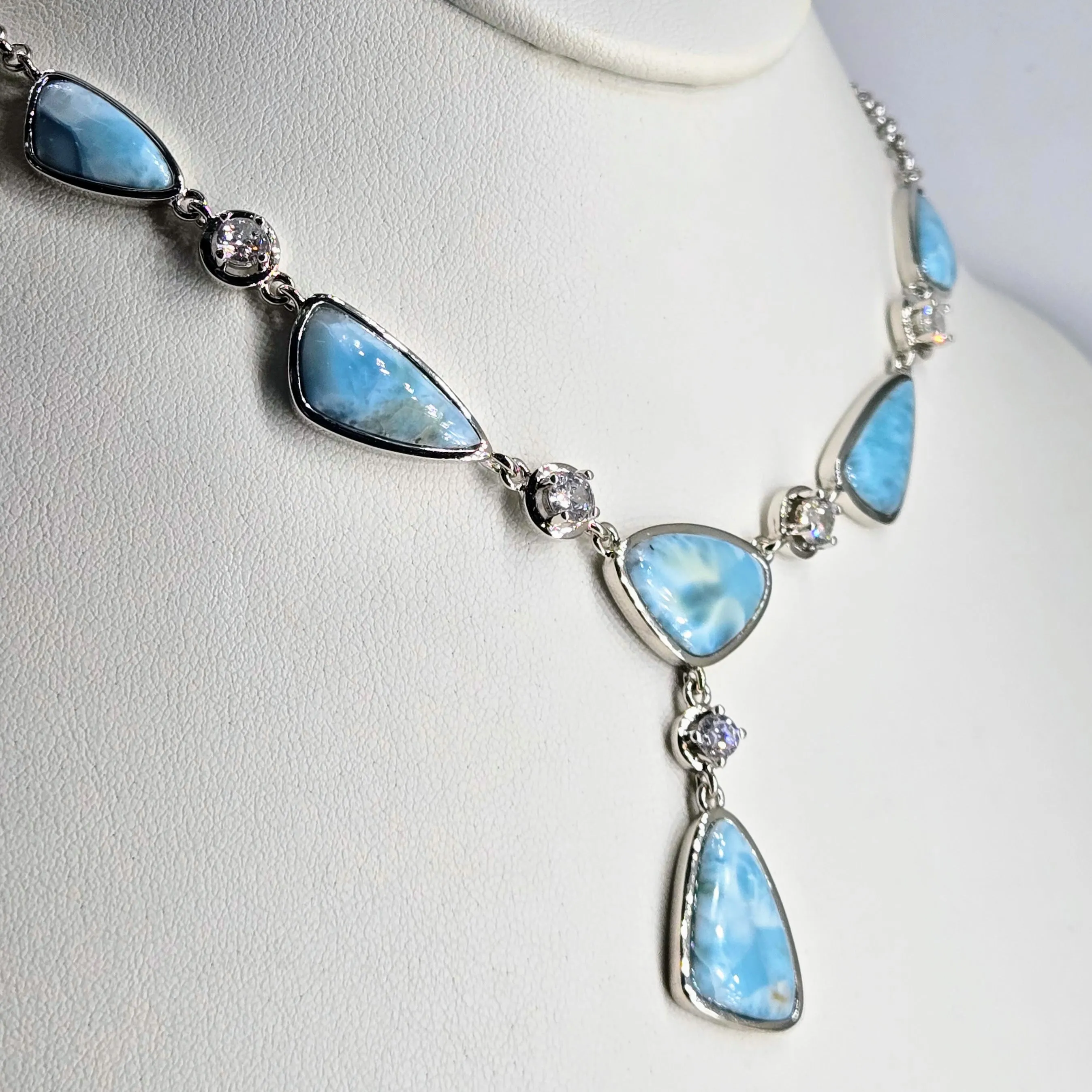 "Makin' Waves" 16"-18" Necklace - Larimar, Zircon, Anti-tarnish Sterling