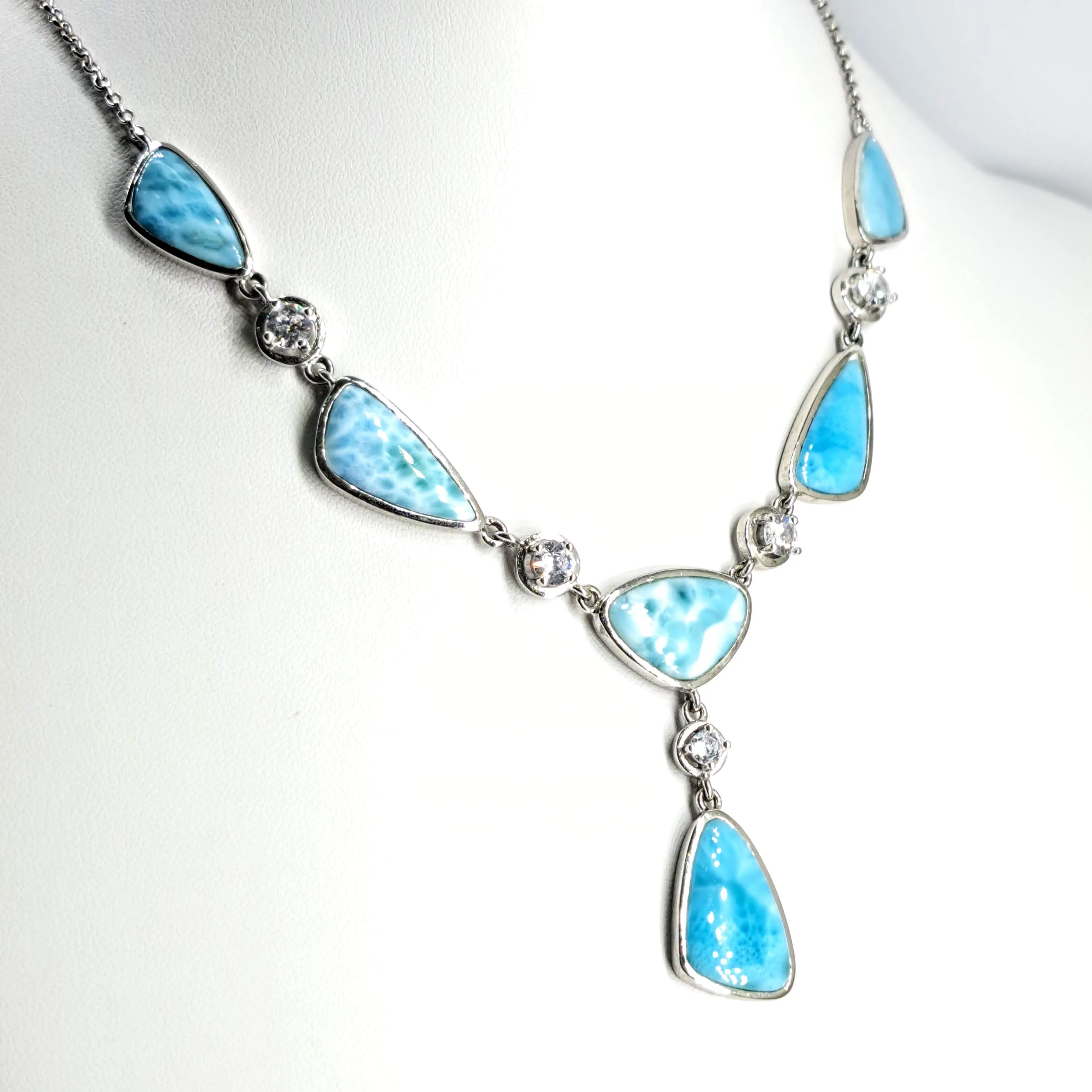 "Makin' Waves" 16"-18" Necklace - Larimar, Zircon, Anti-tarnish Sterling