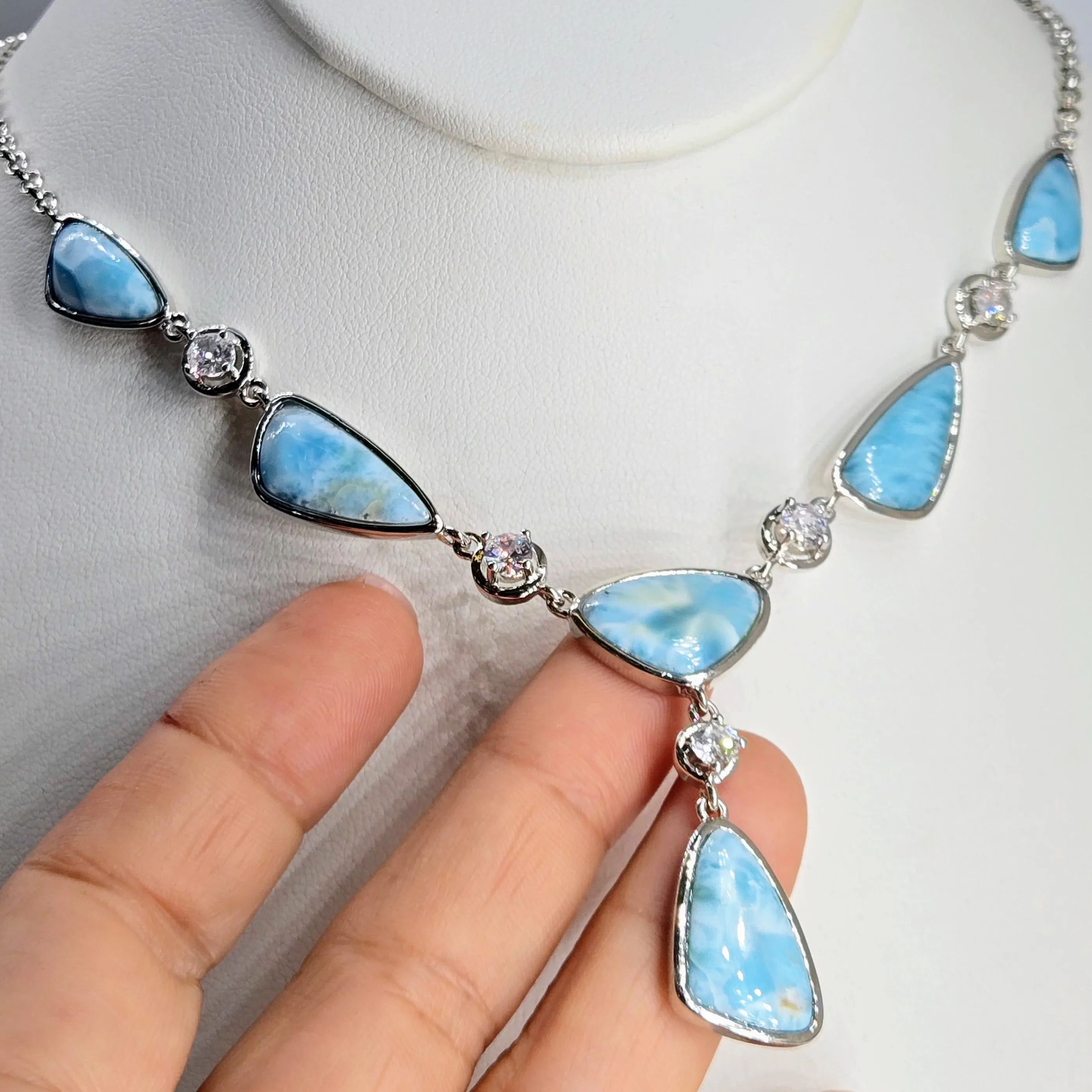 "Makin' Waves" 16"-18" Necklace - Larimar, Zircon, Anti-tarnish Sterling