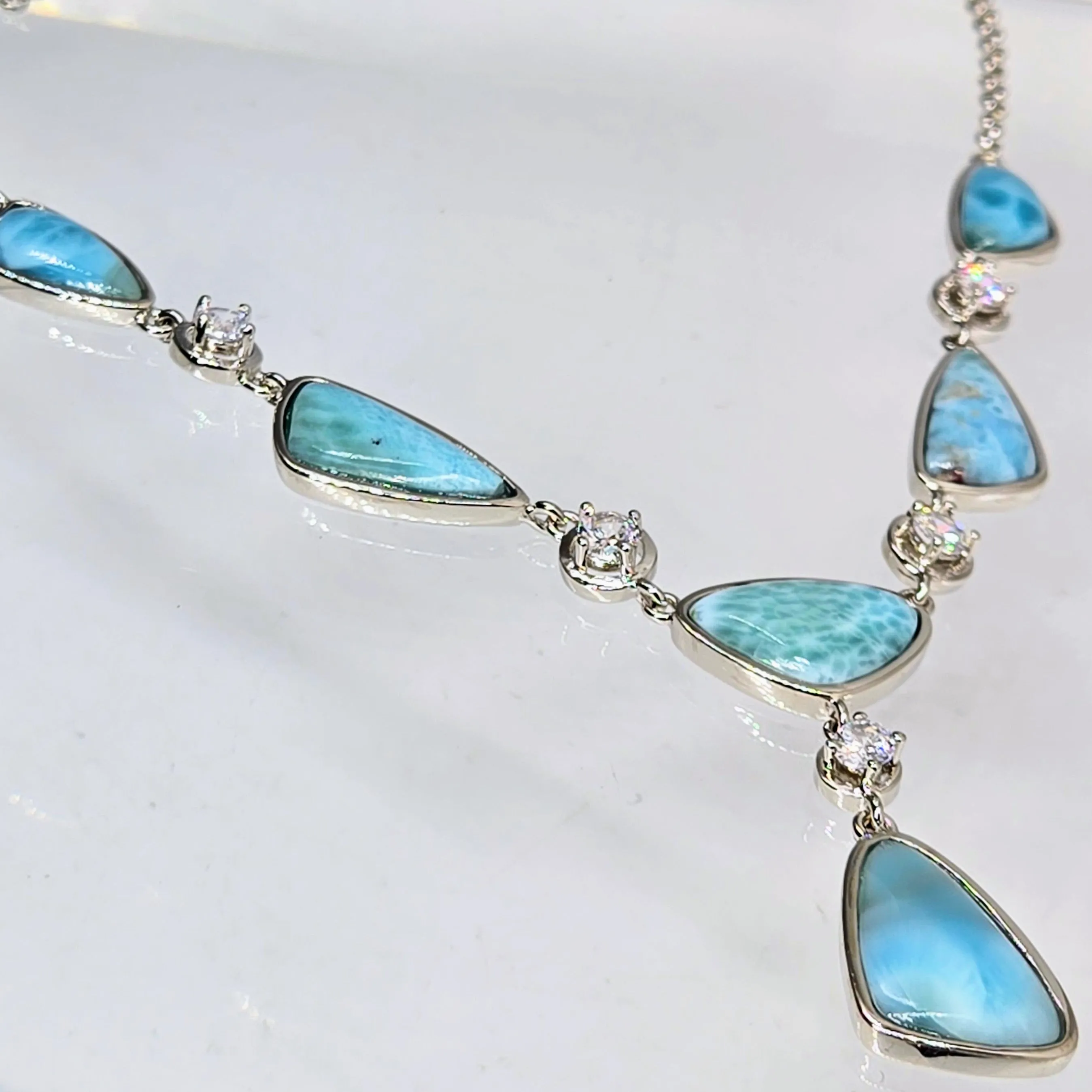 "Makin' Waves" 16"-18" Necklace - Larimar, Zircon, Anti-tarnish Sterling