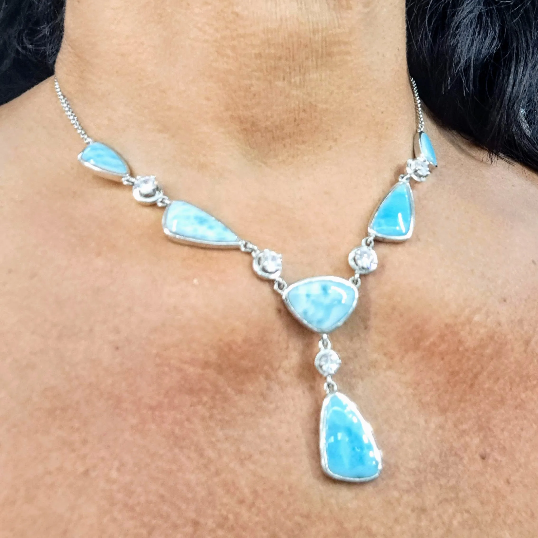 "Makin' Waves" 16"-18" Necklace - Larimar, Zircon, Anti-tarnish Sterling