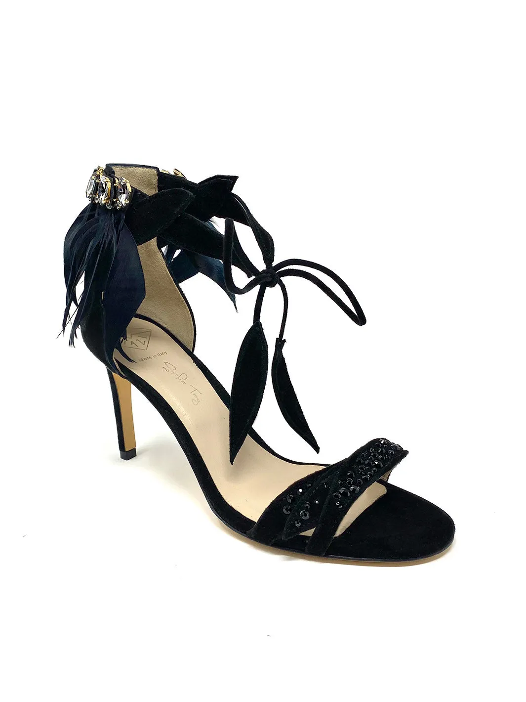 "Sofia" Feathered and Jewels Detail Suede Sandals