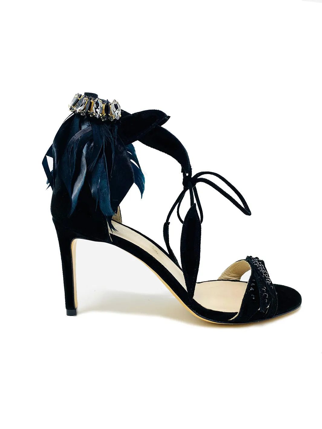 "Sofia" Feathered and Jewels Detail Suede Sandals
