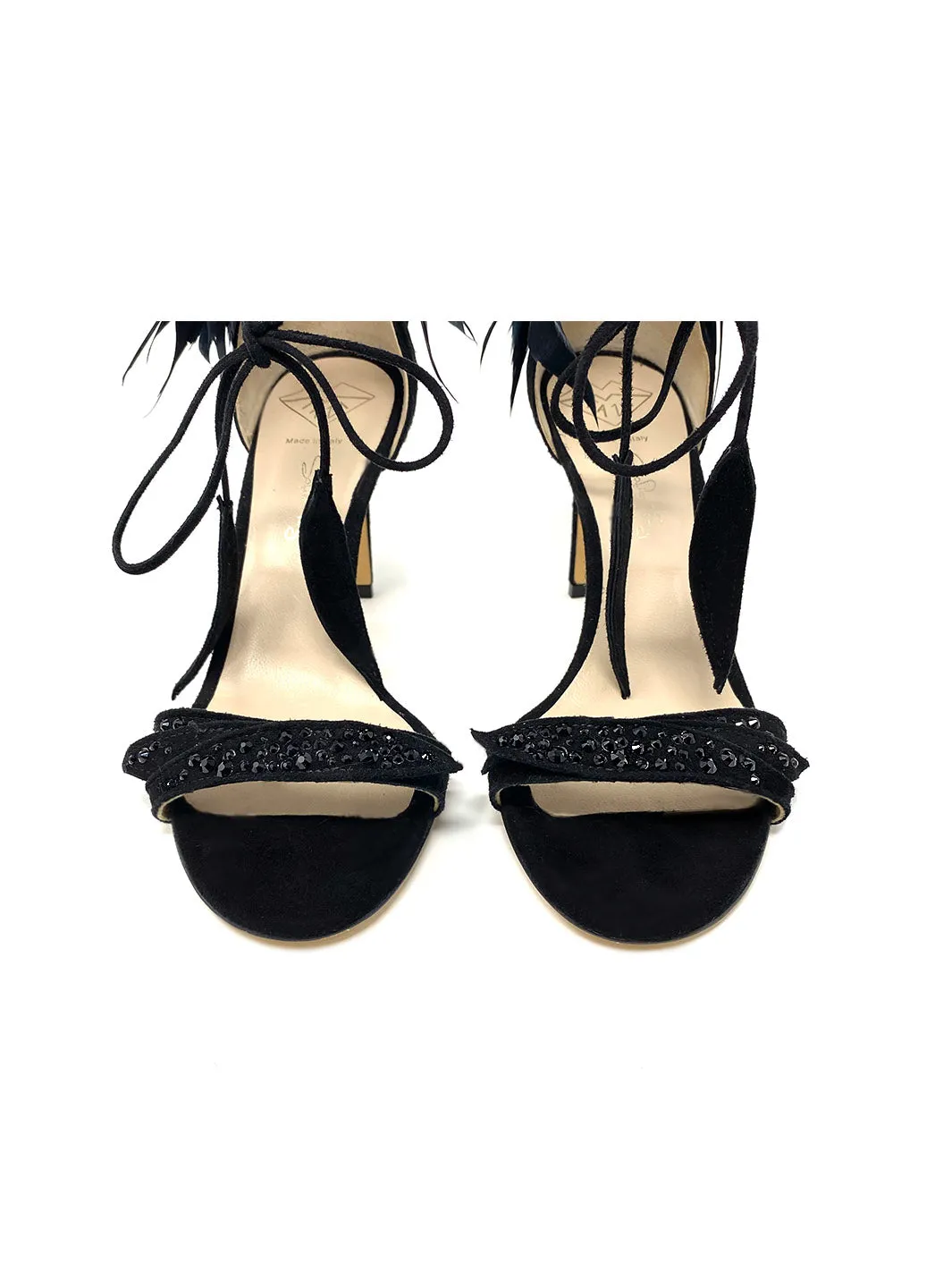 "Sofia" Feathered and Jewels Detail Suede Sandals