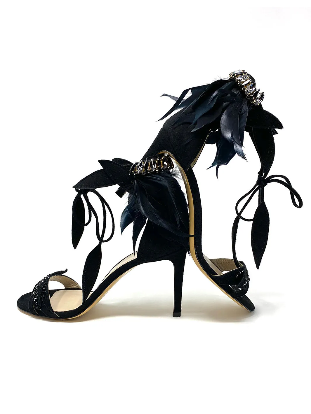 "Sofia" Feathered and Jewels Detail Suede Sandals