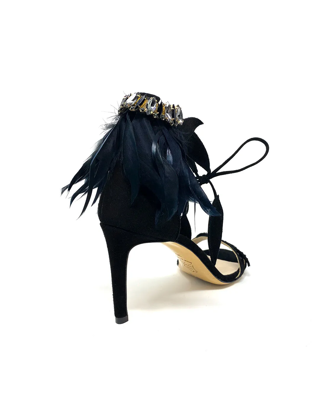 "Sofia" Feathered and Jewels Detail Suede Sandals
