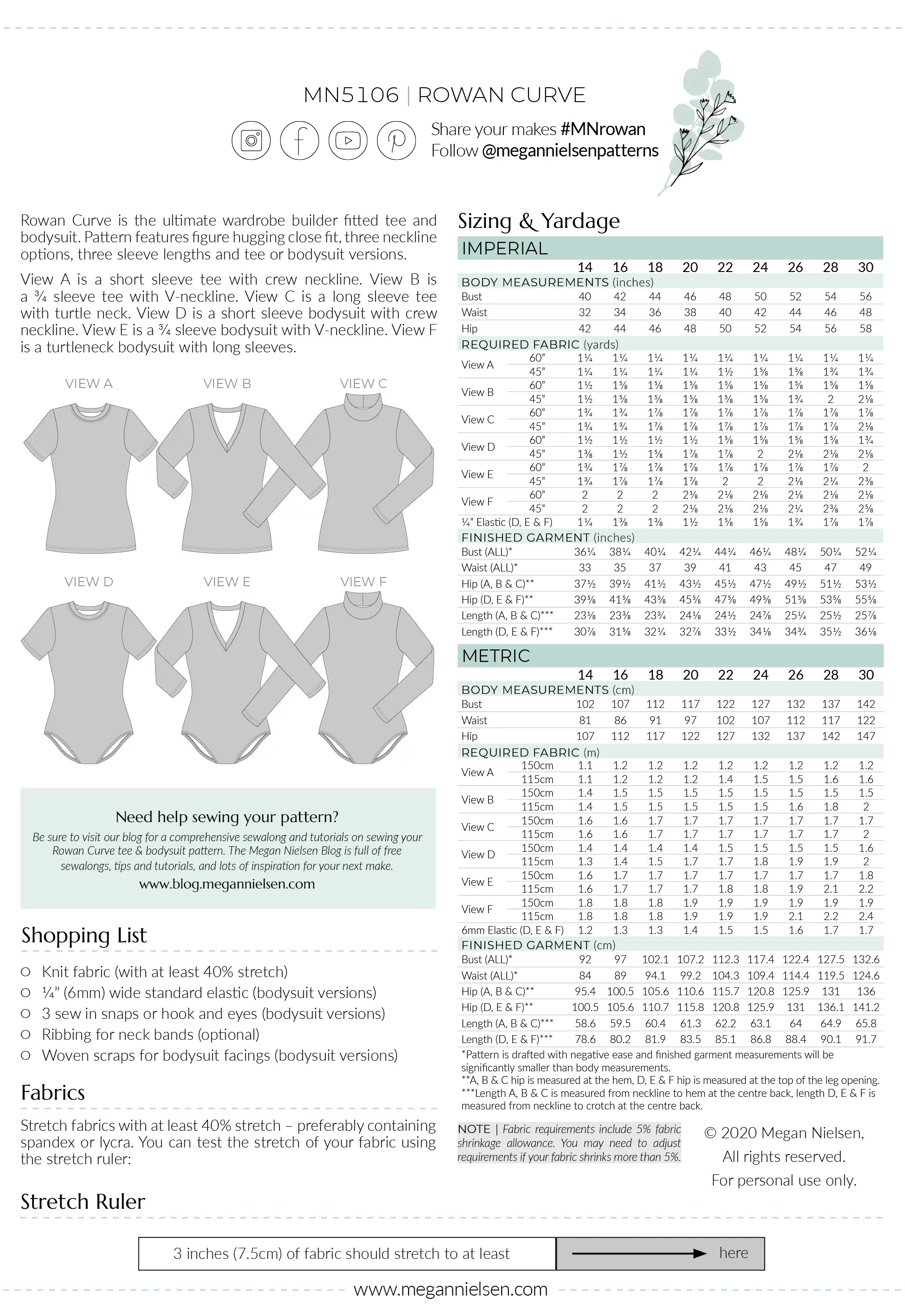 Rowan Curve bodysuit and tee pattern