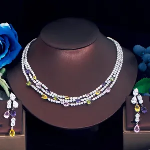 Shiny Colorful Cubic Zirconia 3 Rows Multi Layer Bridal Wedding Choker Necklace Earrings Jewelry Set for Women