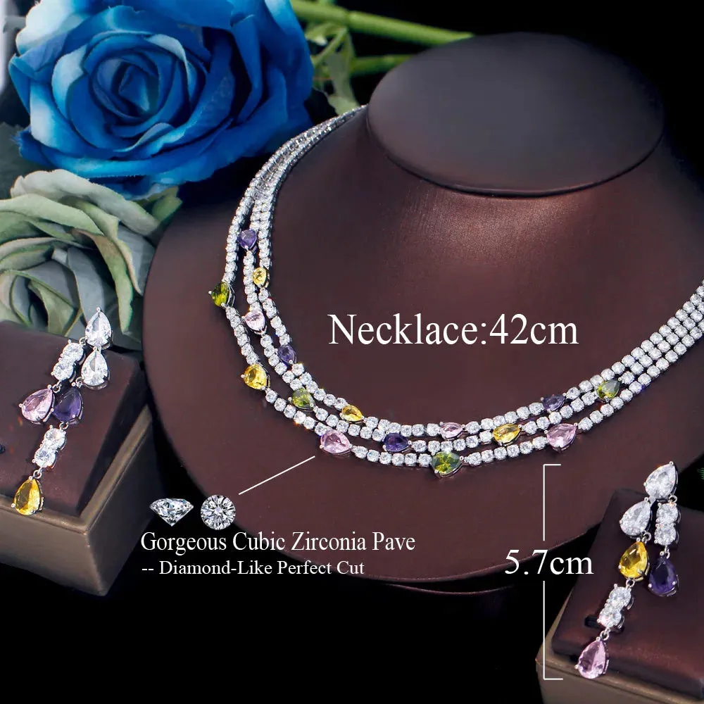 Shiny Colorful Cubic Zirconia 3 Rows Multi Layer Bridal Wedding Choker Necklace Earrings Jewelry Set for Women