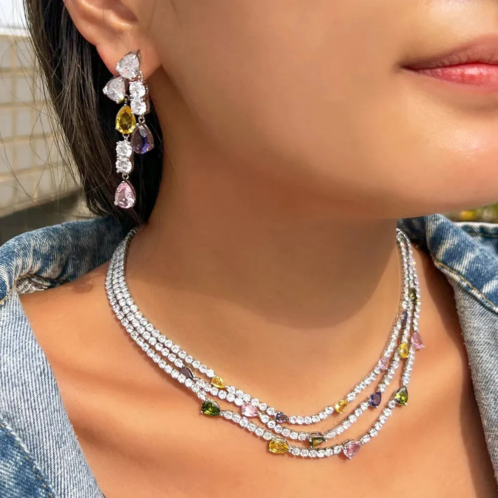Shiny Colorful Cubic Zirconia 3 Rows Multi Layer Bridal Wedding Choker Necklace Earrings Jewelry Set for Women
