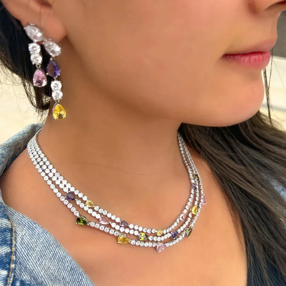 Shiny Colorful Cubic Zirconia 3 Rows Multi Layer Bridal Wedding Choker Necklace Earrings Jewelry Set for Women