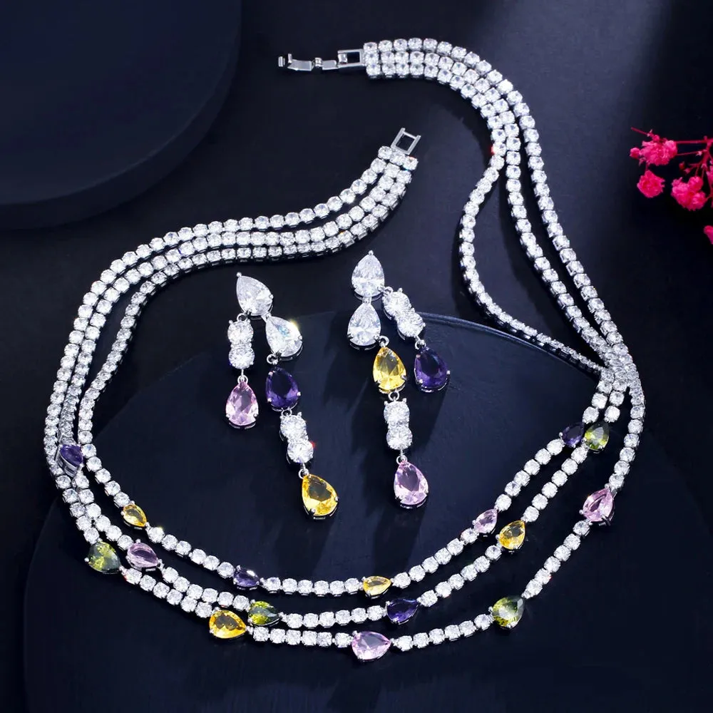 Shiny Colorful Cubic Zirconia 3 Rows Multi Layer Bridal Wedding Choker Necklace Earrings Jewelry Set for Women
