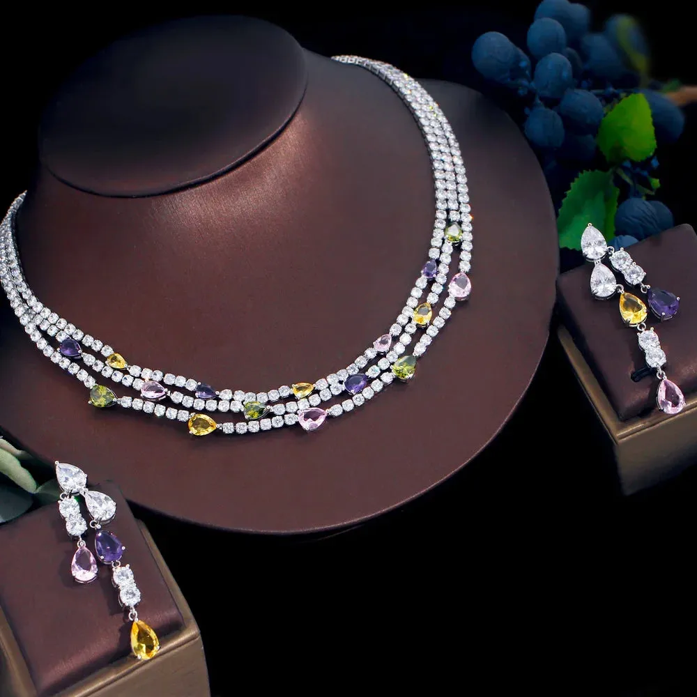 Shiny Colorful Cubic Zirconia 3 Rows Multi Layer Bridal Wedding Choker Necklace Earrings Jewelry Set for Women