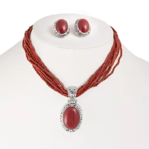 SILVER FILIGREE BURGUNDY OVAL PENDANT  NECKLACE AND EARRINGS SET #FW-SET4442S/M (Line O top riser)