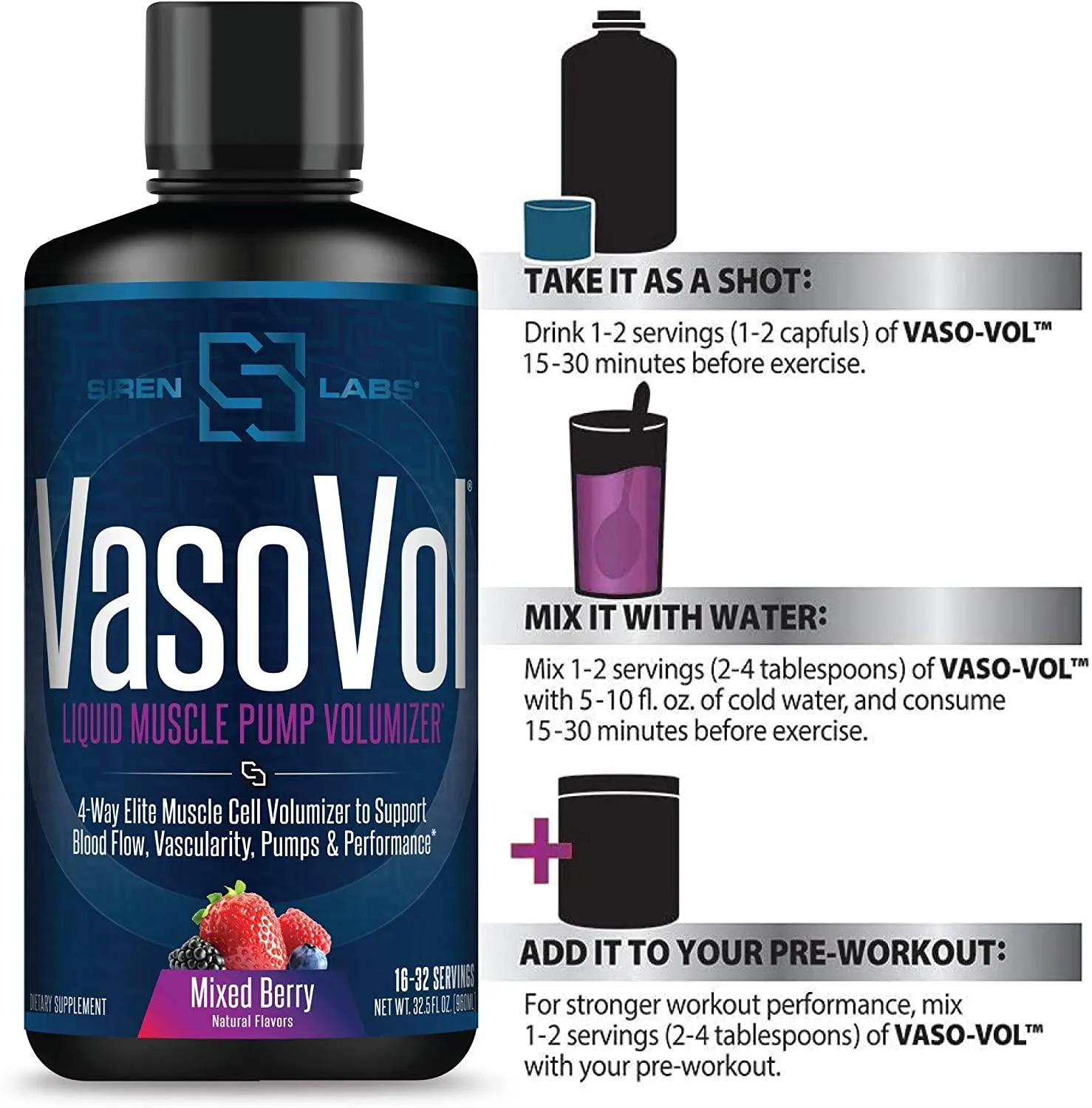 Siren Labs D1-T Strength Monster Muscle (120 Capsules) and Siren Labs Vaso-VOL Liquid Muscle Pump Volumizer (Mixed Berry)